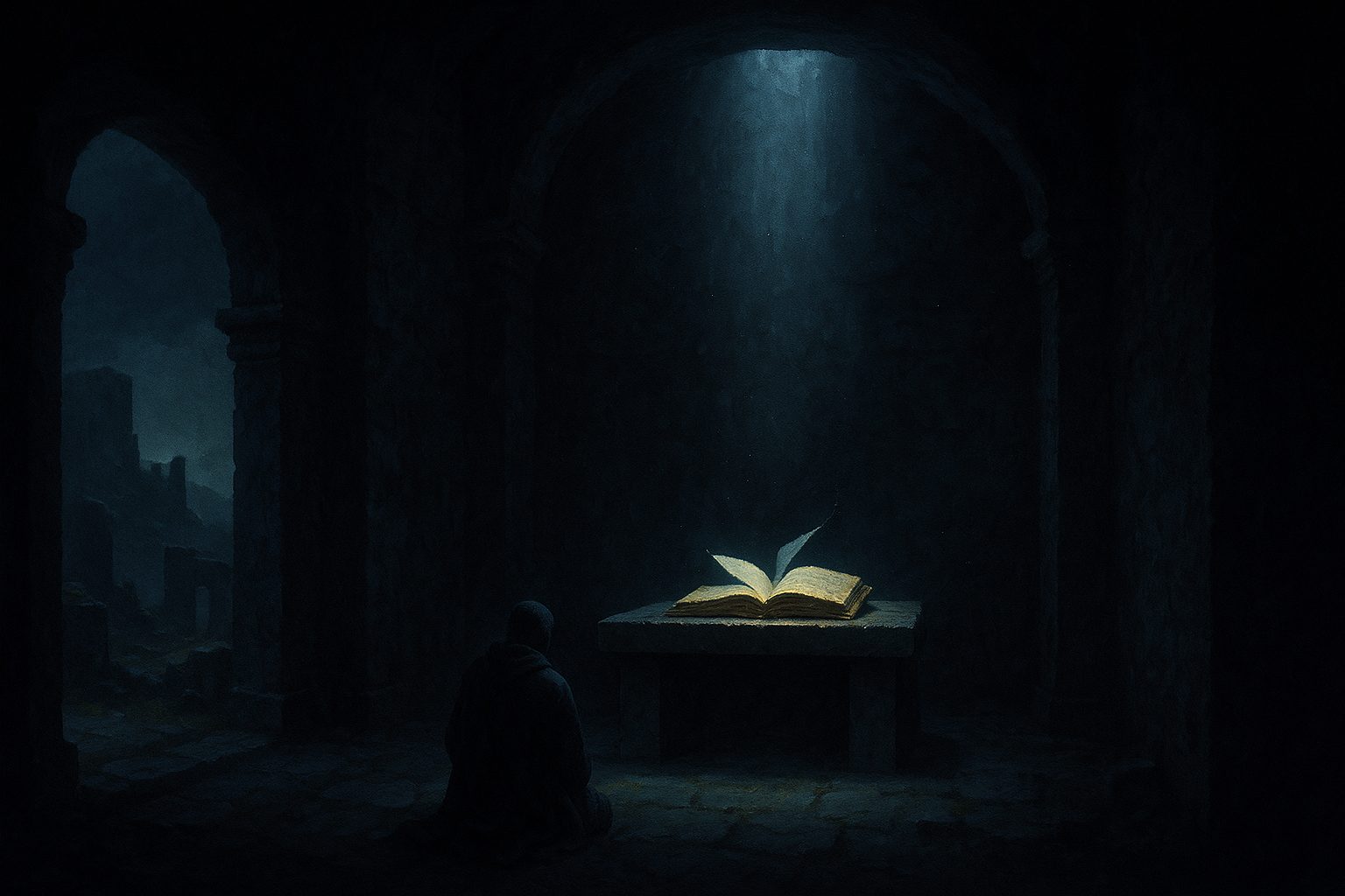 A doorless stone chamber in a mountain monastery. An ancient book lies open on a bare stone table, a page caught mid-turn, lit by a shaft of pale light. A robed monk kneels small in the foreground.