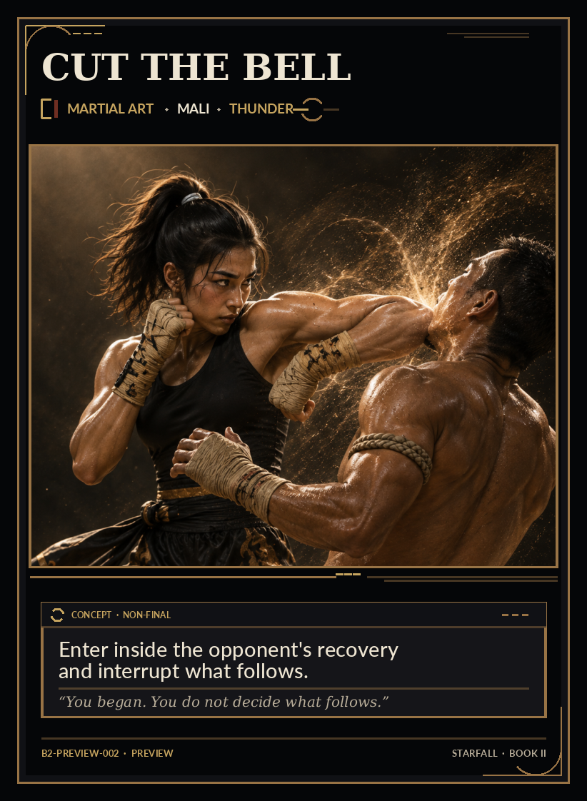 Book II preview card Cut the Bell. At close range, Mali enters behind her guard and interrupts an opponent's recovery with a compact elbow as restrained bronze displacement marks the stolen beat.