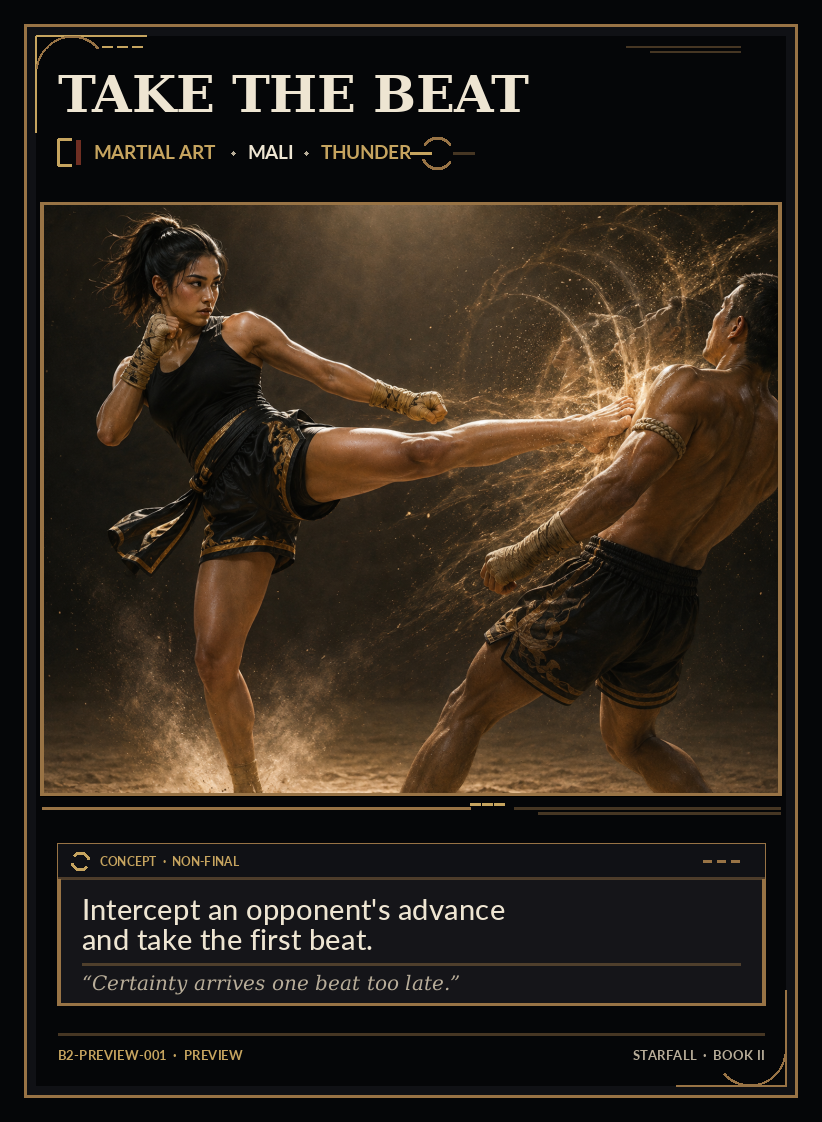 Book II preview card Take the Beat. Mali intercepts an opponent's forward entry with a lead push kick while a restrained bronze timing effect marks the stolen beat.