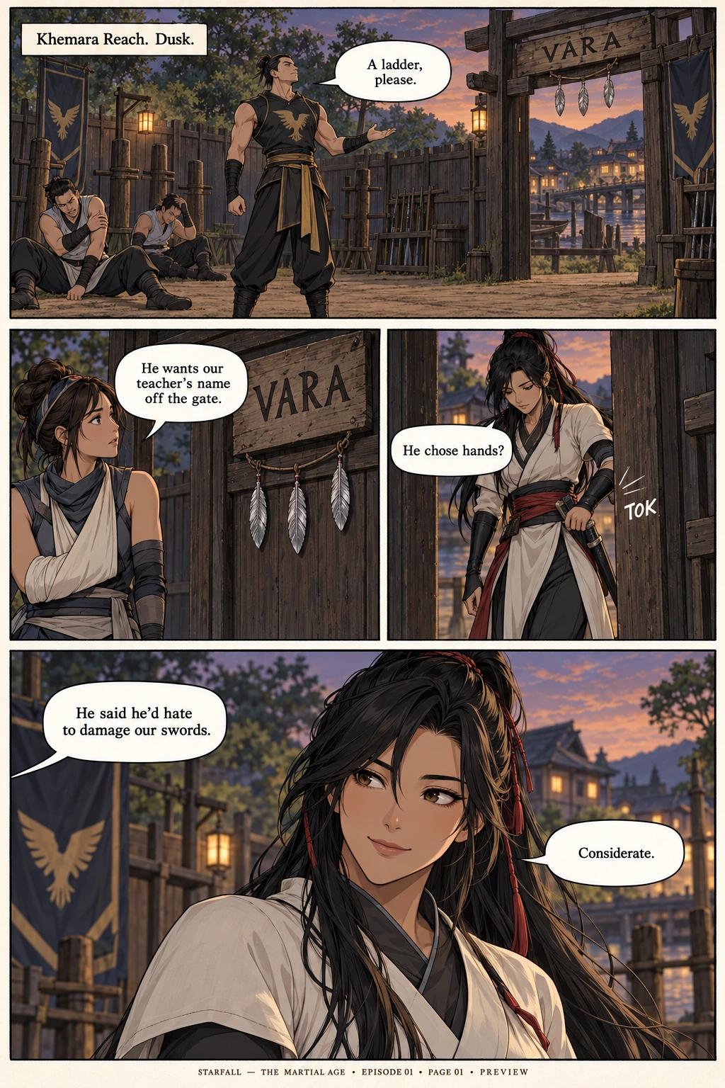 Four-panel opening page of The Challenge at Dusk